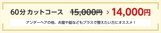 60分カットコース・・・14,000円 → 15,000円 アンダーヘアの他、お腹や脇などもプラスで整えたい方にオススメ！