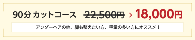90分カットコース・・・22,500円 → 18,000円 アンダーヘアの他、脚も整えたい方、毛量の多い方にオススメ！