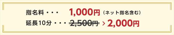 指名料（ネット指名含む）・・・1000円 延長10分・・・ 2,500円 → 2,000円