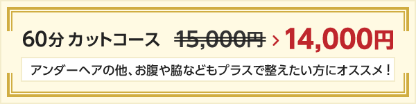 60分カットコース・・・14,000円 → 15,000円 アンダーヘアの他、お腹や脇などもプラスで整えたい方にオススメ！