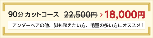 90分カットコース・・・22,500円 → 18,000円 アンダーヘアの他、脚も整えたい方、毛量の多い方にオススメ！